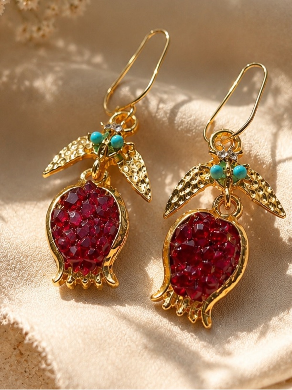 Gold Pomegranate Earrings Red Gemstone Statement Dangles